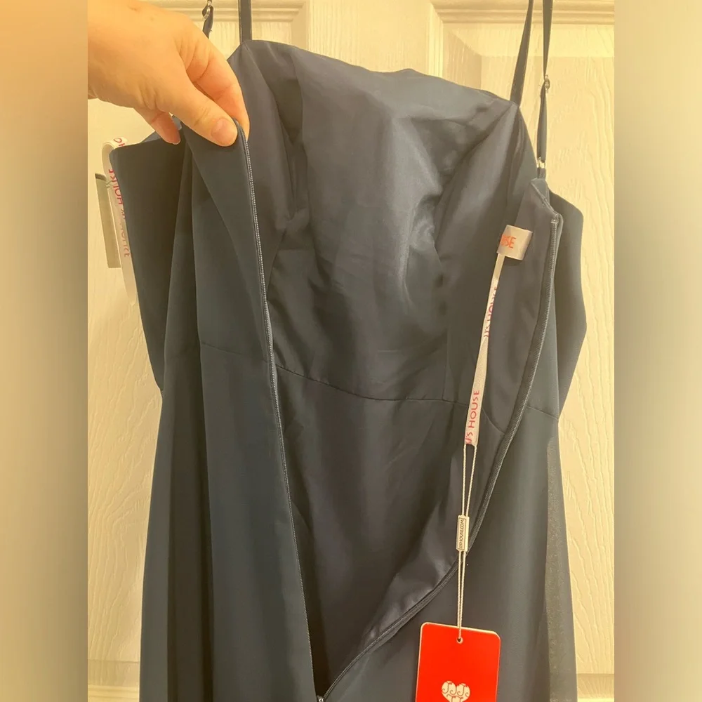 Elegant Navy Blue Evening Gown- JJ House, Size 8, Square Neck, Slit, NWT - Picture 10 of 16